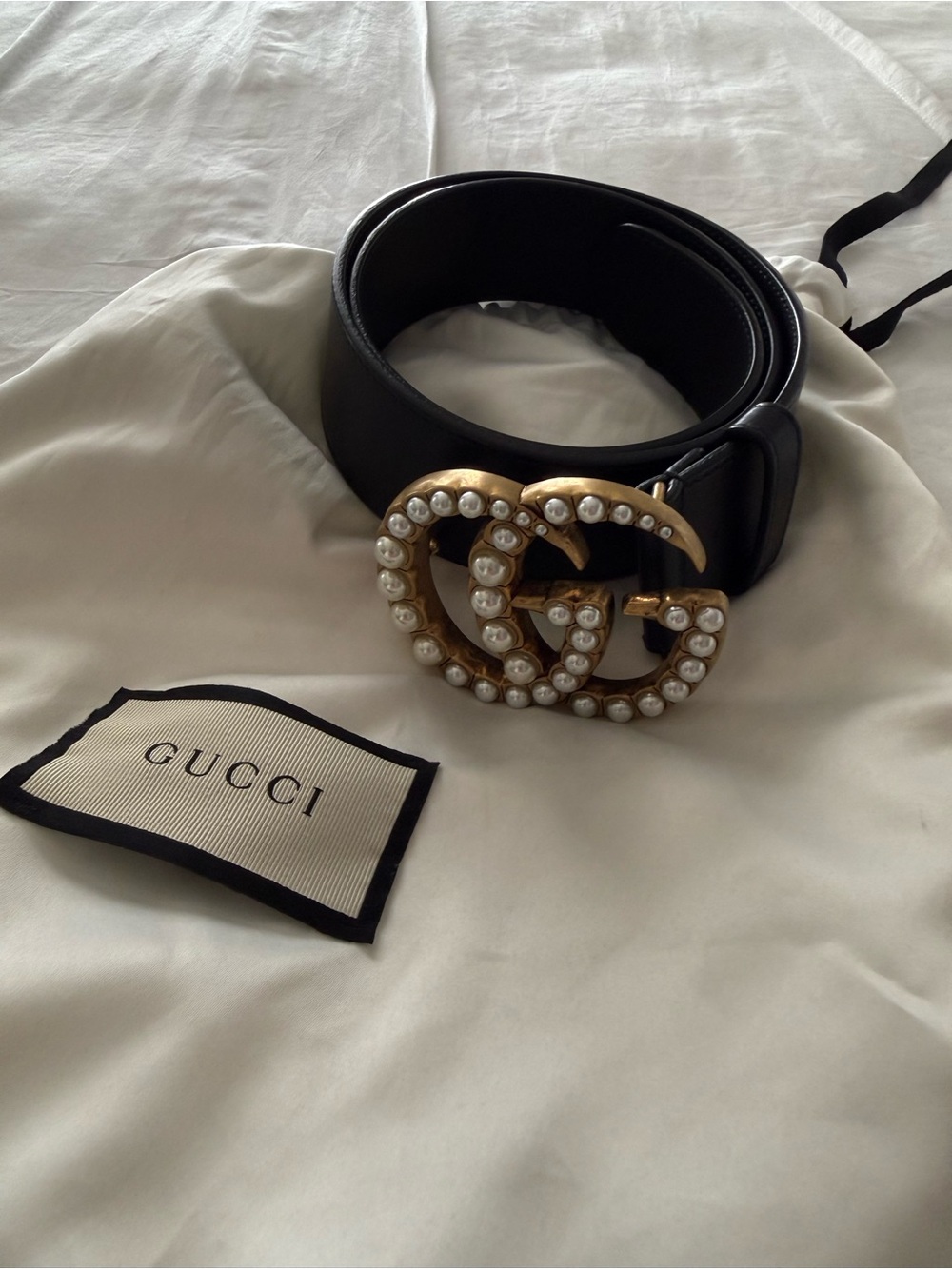 Gucci Black Leather Belt with Gold Pearl-Studded Double G Buckle